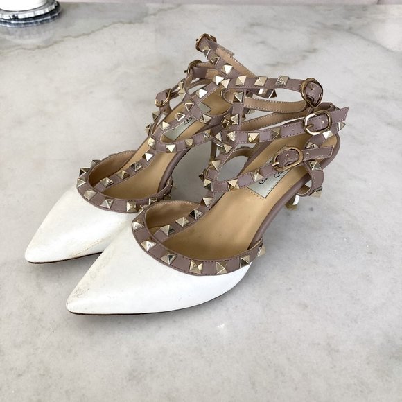 Valentino Garavani Rockstud caged pump ankle strap high heel leather shoes white - Picture 4 of 16